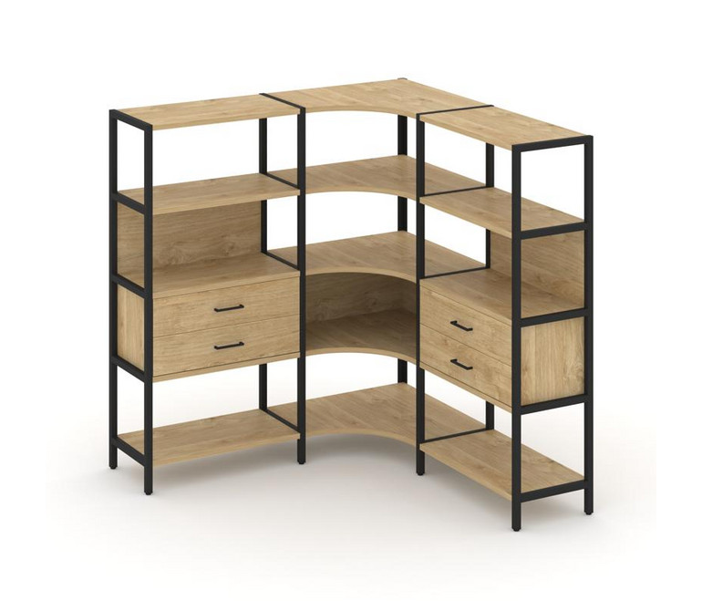 Shelf System Трехсекционный угловой стеллаж четырехярусный с ящиками SN.STMU-431 Тиквуд Светлый/Мета