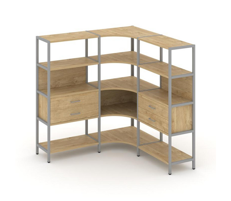 Shelf System Трехсекционный угловой стеллаж четырехярусный с ящиками SN.STMU-431 Тиквуд Светлый/Мета