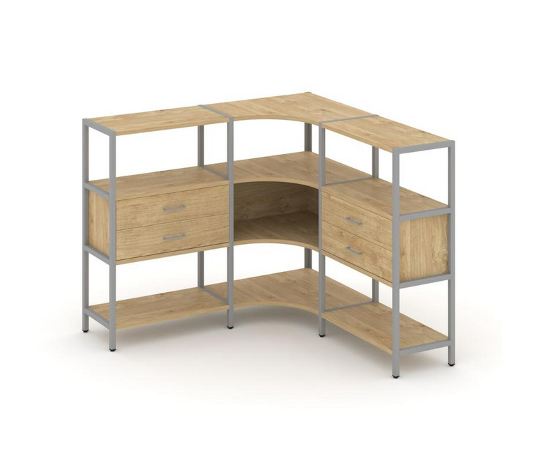 Shelf System Трехсекционный угловой стеллаж трехярусный с ящиками SN.STMU-331 Тиквуд Светлый/Металл