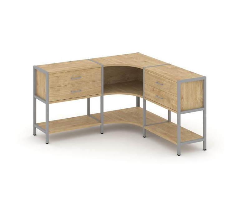 Shelf System Трехсекционный угловой стеллаж двухярусный с ящиками SN.STMU-231 Тиквуд Светлый/Металл