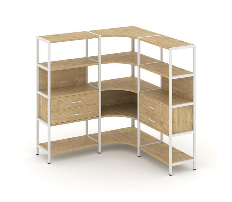 Shelf System Трехсекционный угловой стеллаж четырехярусный с ящиками SN.STMU-431 Тиквуд Светлый/Мета