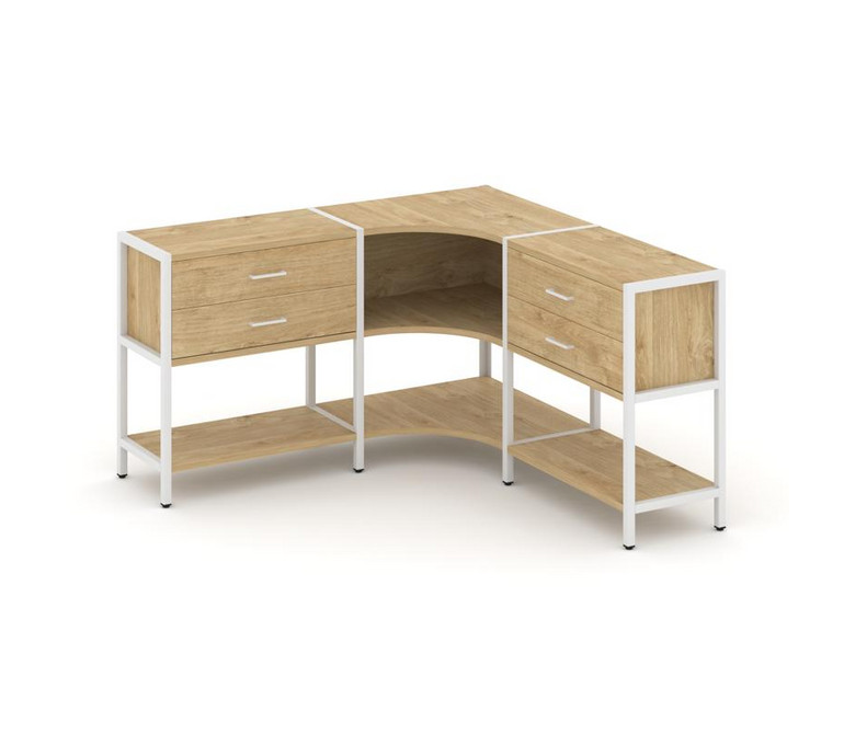 Shelf System Трехсекционный угловой стеллаж двухярусный с ящиками SN.STMU-231 Тиквуд Светлый/Металл