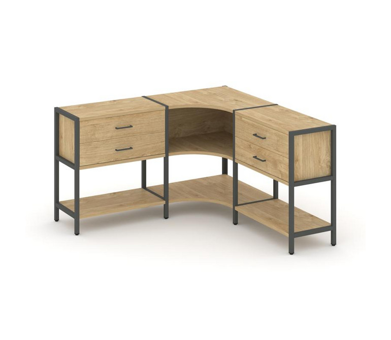 Shelf System Трехсекционный угловой стеллаж двухярусный с ящиками SN.STMU-231 Тиквуд Светлый/Металл