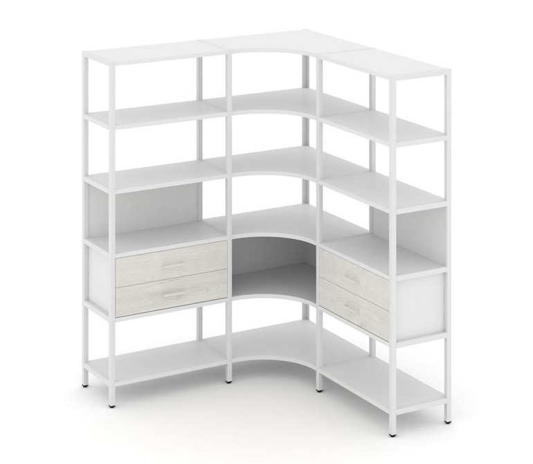 Shelf System Трехсекционный угловой стеллаж пятиярусный с ящиками SN.STMU-531 Белый/Дуб Наварра/Мета