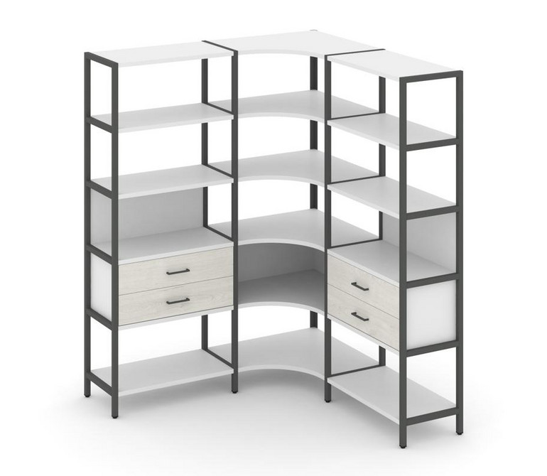 Shelf System Трехсекционный угловой стеллаж пятиярусный с ящиками SN.STMU-531 Белый/Дуб Наварра/Мета