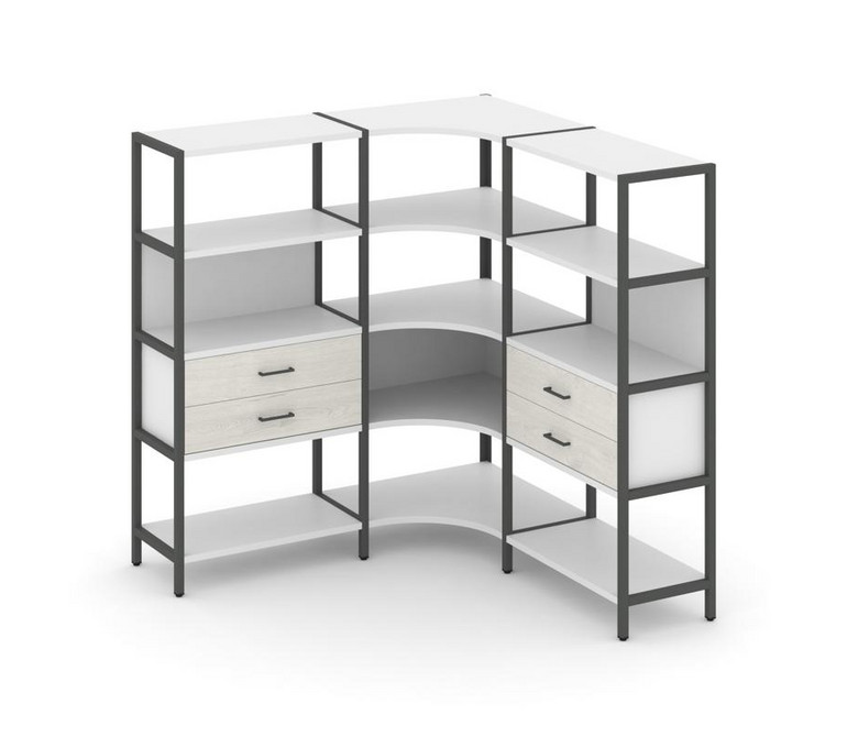 Shelf System Трехсекционный угловой стеллаж четырехярусный с ящиками SN.STMU-431 Белый/Дуб Наварра/М