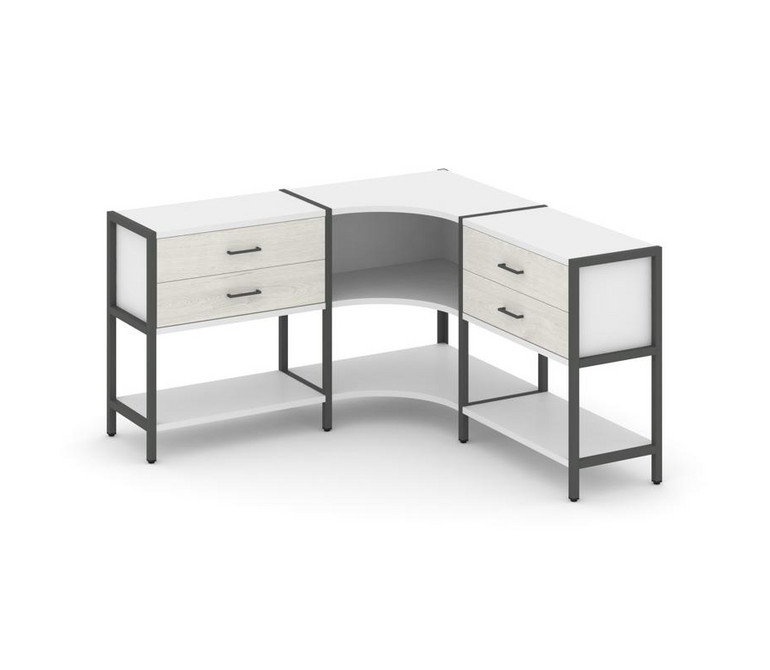 Shelf System Трехсекционный угловой стеллаж двухярусный с ящиками SN.STMU-231 Белый/Дуб Наварра/Мета