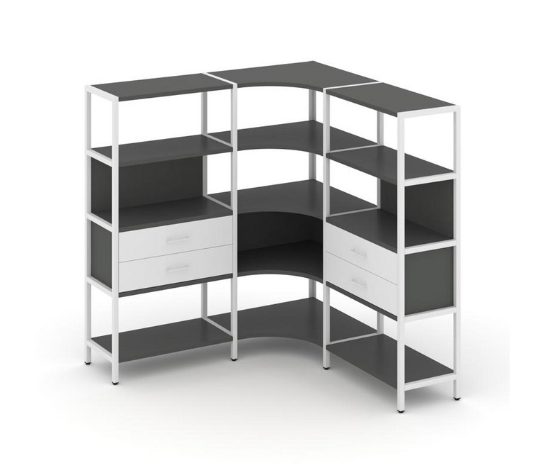 Shelf System Трехсекционный угловой стеллаж четырехярусный с ящиками SN.STMU-431 Антрацит/Белый/Мета