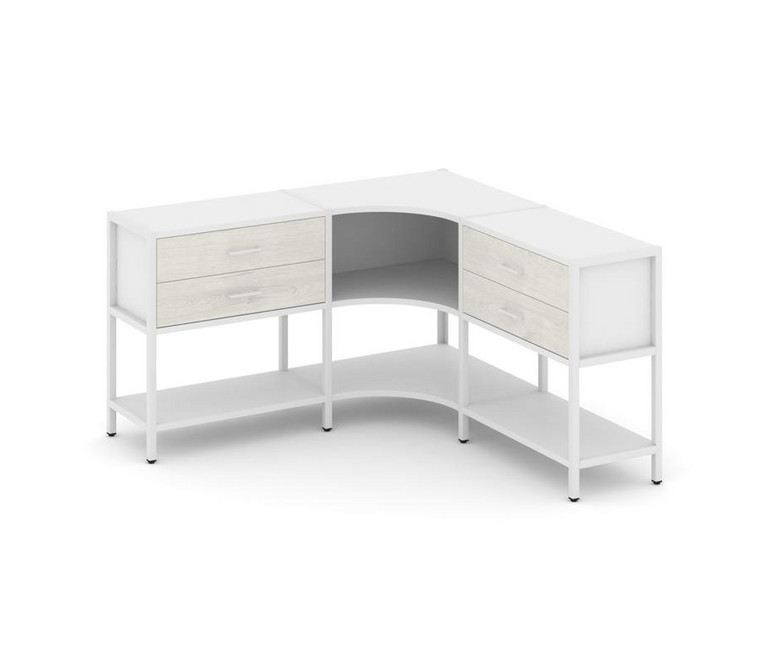 Shelf System Трехсекционный угловой стеллаж двухярусный с ящиками SN.STMU-231 Белый/Дуб Наварра/Мета