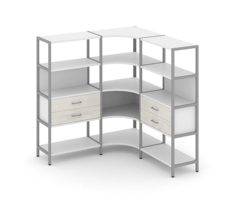 Shelf System Трехсекционный угловой стеллаж четырехярусный с ящиками SN.STMU-431 Белый/Дуб Наварра/М