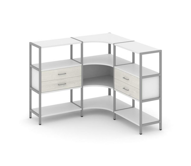 Shelf System Трехсекционный угловой стеллаж трехярусный с ящиками SN.STMU-331 Белый/Дуб Наварра/Мета