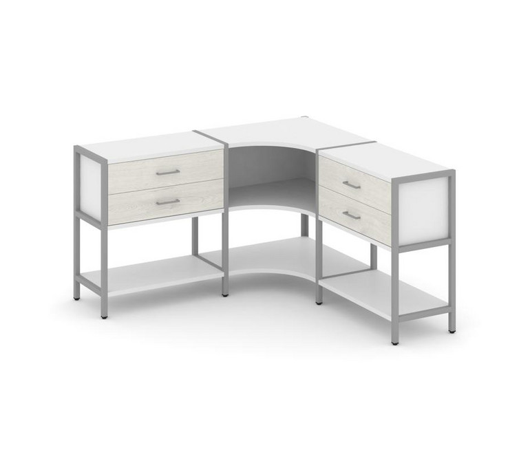 Shelf System Трехсекционный угловой стеллаж двухярусный с ящиками SN.STMU-231 Белый/Дуб Наварра/Мета