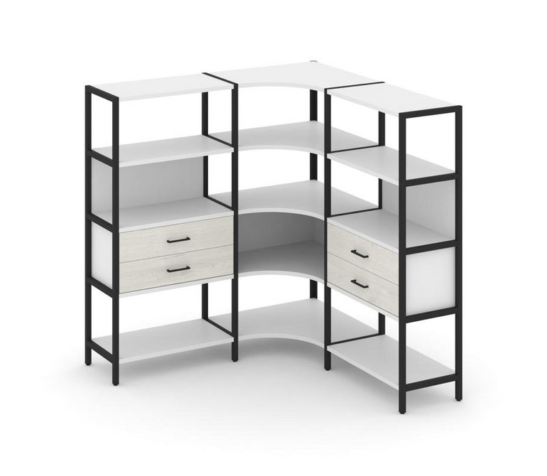 Shelf System Трехсекционный угловой стеллаж четырехярусный с ящиками SN.STMU-431 Белый/Дуб Наварра/М