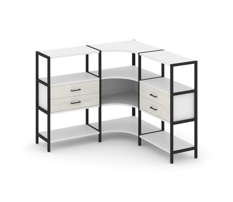 Shelf System Трехсекционный угловой стеллаж трехярусный с ящиками SN.STMU-331 Белый/Дуб Наварра/Мета