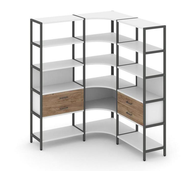 Shelf System Трехсекционный угловой стеллаж пятиярусный с ящиками SN.STMU-531 Белый/Дуб Табак/Металл