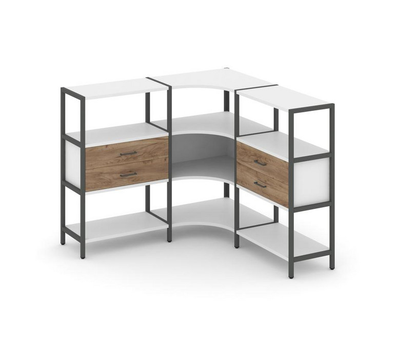 Shelf System Трехсекционный угловой стеллаж трехярусный с ящиками SN.STMU-331 Белый/Дуб Табак/Металл