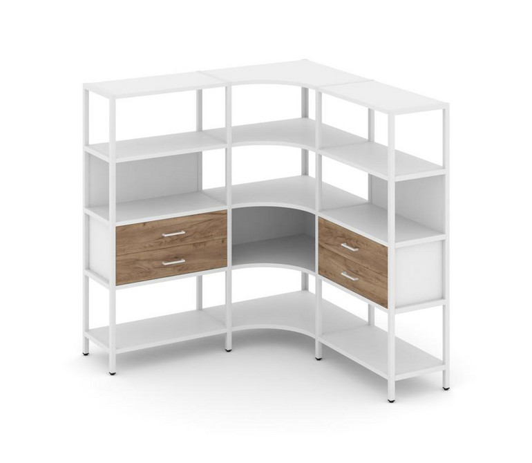 Shelf System Трехсекционный угловой стеллаж четырехярусный с ящиками SN.STMU-431 Белый/Дуб Табак/Мет