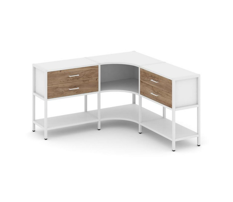 Shelf System Трехсекционный угловой стеллаж двухярусный с ящиками SN.STMU-231 Белый/Дуб Табак/Металл