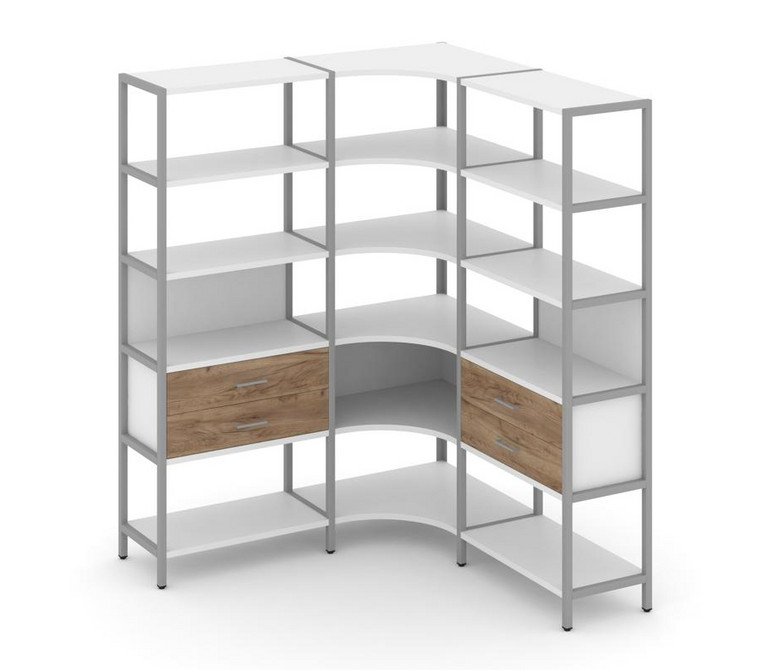 Shelf System Трехсекционный угловой стеллаж пятиярусный с ящиками SN.STMU-531 Белый/Дуб Табак/Металл