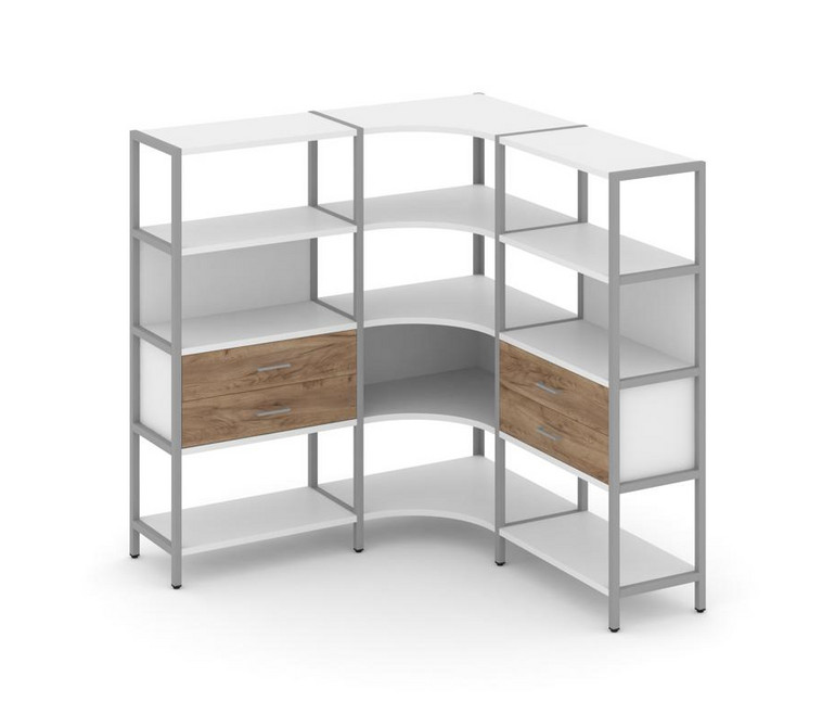 Shelf System Трехсекционный угловой стеллаж четырехярусный с ящиками SN.STMU-431 Белый/Дуб Табак/Мет