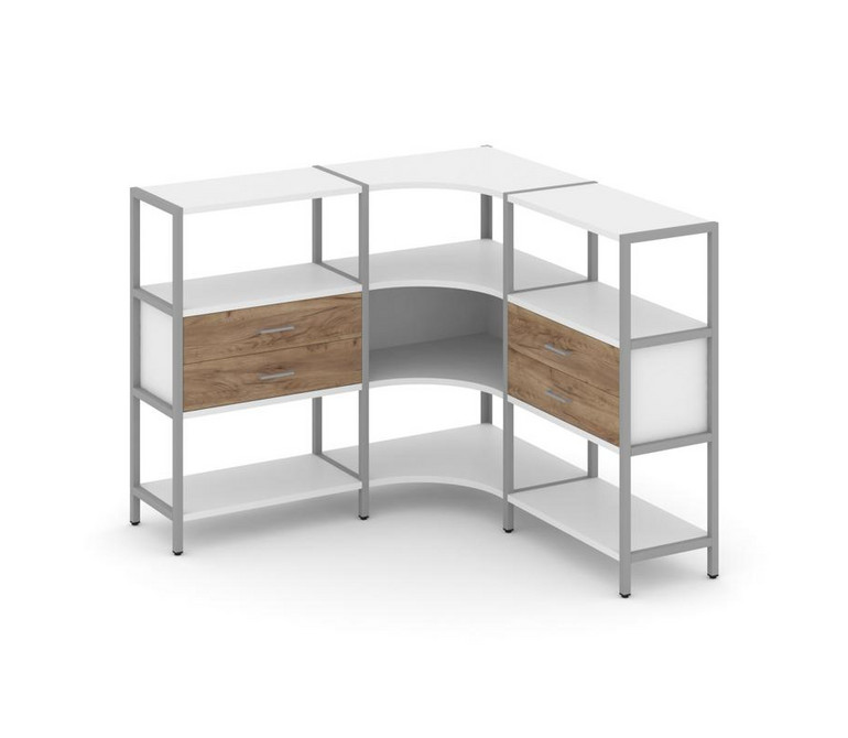 Shelf System Трехсекционный угловой стеллаж трехярусный с ящиками SN.STMU-331 Белый/Дуб Табак/Металл