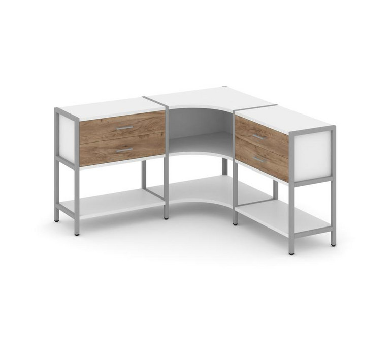 Shelf System Трехсекционный угловой стеллаж двухярусный с ящиками SN.STMU-231 Белый/Дуб Табак/Металл