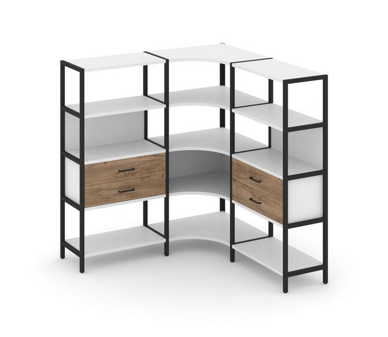 Shelf System Трехсекционный угловой стеллаж четырехярусный с ящиками SN.STMU-431 Белый/Дуб Табак/Мет