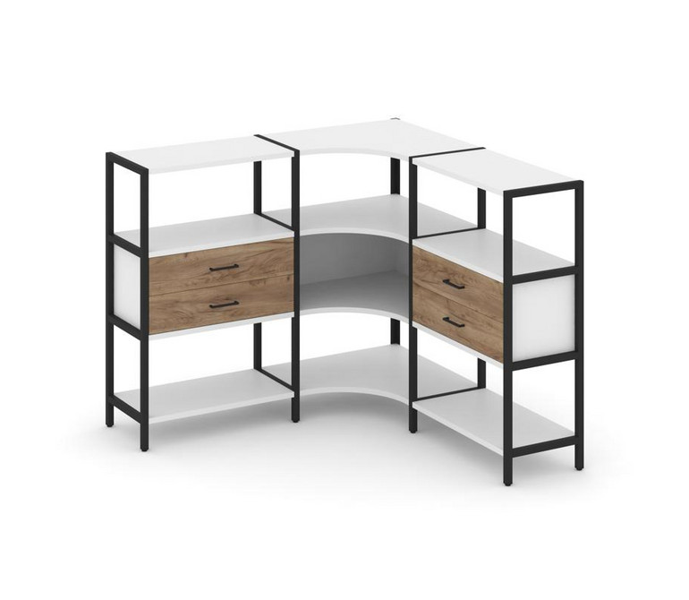 Shelf System Трехсекционный угловой стеллаж трехярусный с ящиками SN.STMU-331 Белый/Дуб Табак/Металл