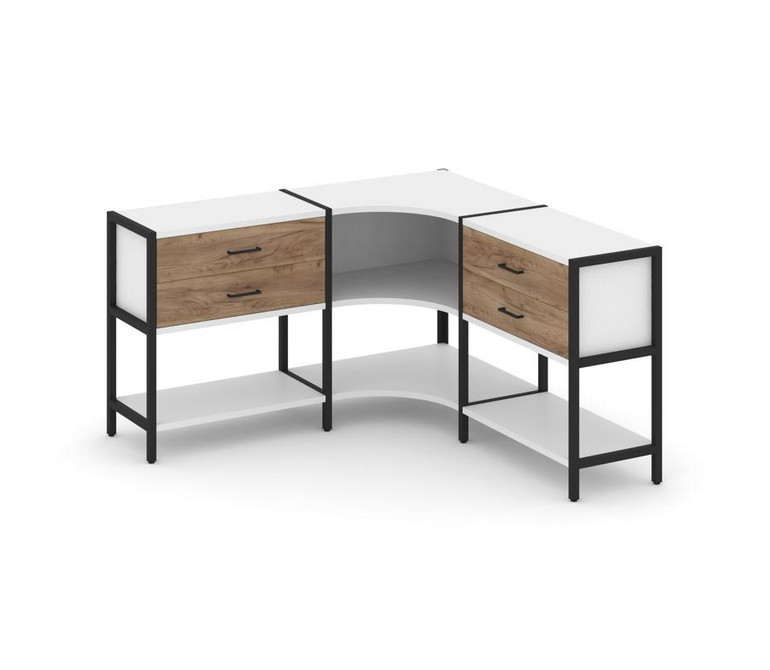 Shelf System Трехсекционный угловой стеллаж двухярусный с ящиками SN.STMU-231 Белый/Дуб Табак/Металл