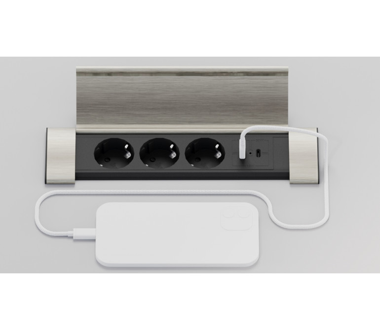 Электрификация Блок розеток с откидной крышкой (3 розетки, USB-A, USB-C) G4103Q-2AC.N Серебро/Черный